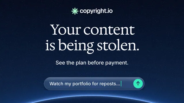 Landscape graphic for copyright.io: "Your content is being stolen." Agentic glass style, centred layout, dark palette in black, blue.