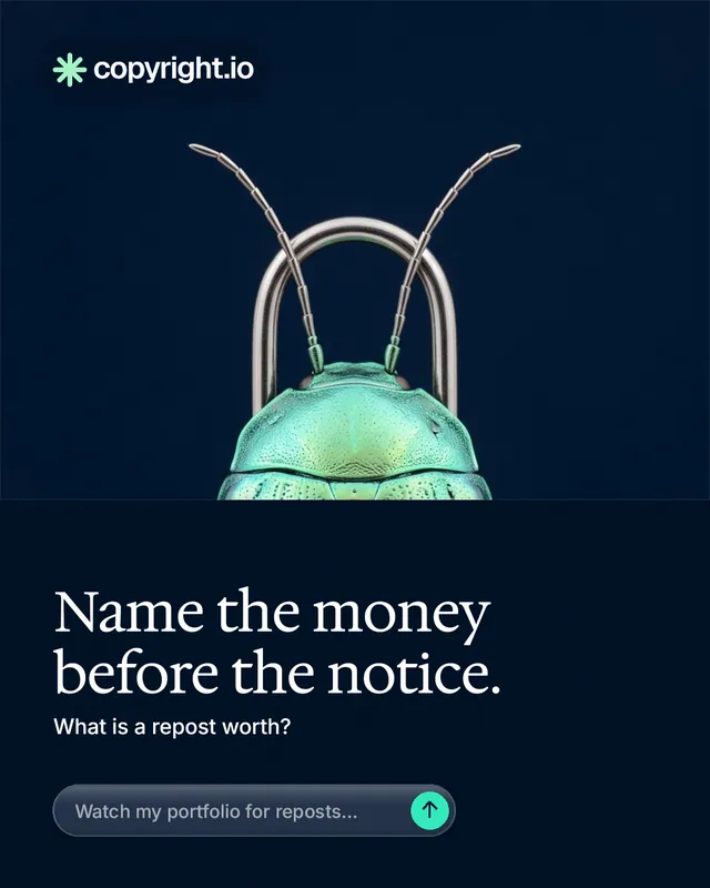 Instagram portrait post for copyright.io: "Name the money before the notice." Agentic glass style, bottom layout, dark palette in black, blue.