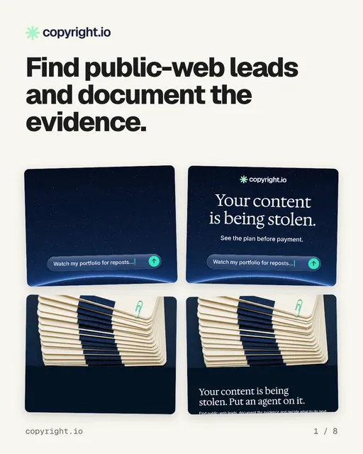 Carousel for copyright.io: "Find public-web leads and document the evidence.". Collection carousel, 8 slides, light palette.