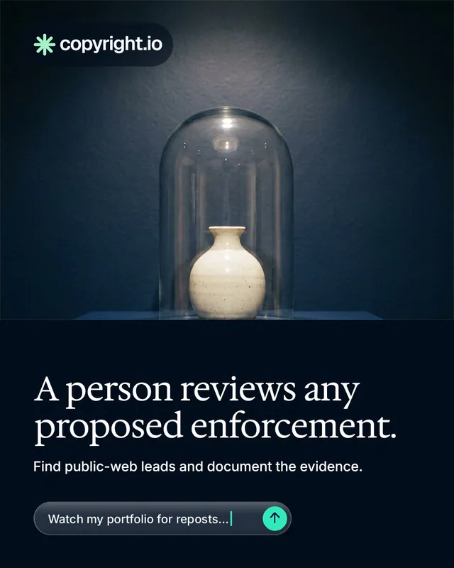Instagram portrait post for copyright.io: "A person reviews any proposed enforcement." Agentic glass style, bottom layout, dark palette in blue, black, grey.