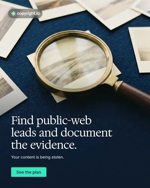 Video for copyright.io: "Find public-web leads and document the evidence.". Doc motion loop, 6.0 s, dark palette.