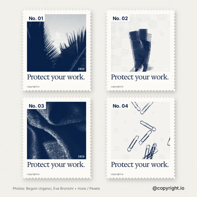 Instagram post for copyright.io: "Protect your work." Sheet style, technique:stamp series layout, light palette in white, grey.