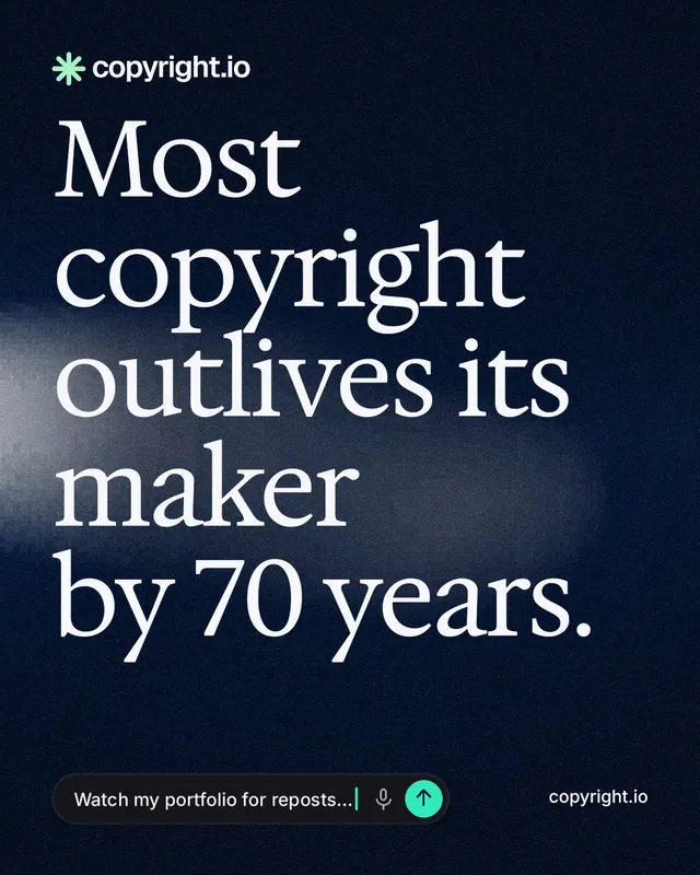 Instagram portrait post for copyright.io: "Most copyright outlives its maker by 70 years." Thermal style, poster layout, dark palette in black, blue, grey.