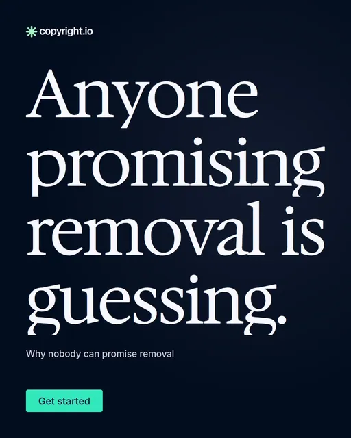 Video for copyright.io: "Anyone promising removal is guessing.". Doc motion loop, 7.0 s, dark palette.