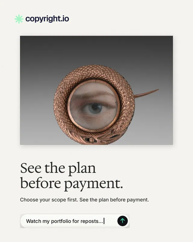Instagram portrait post for copyright.io: "See the plan before payment." Agentic glass style, bottom layout, light palette in white, grey.