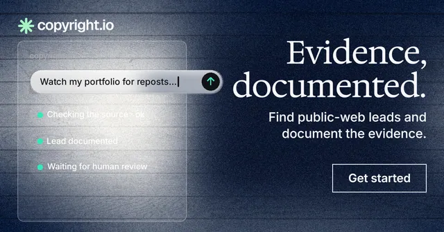 Social ad for copyright.io: "Evidence, documented." Cyanotype style, right layout, dark palette in blue, grey.