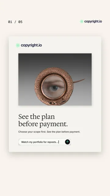 Video for copyright.io. Ad flipbook, 7.5 s, light palette.