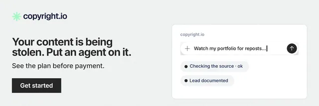 X header for copyright.io: "Your content is being stolen. Put an agent on it." Swiss style, bottom layout, light palette in white.