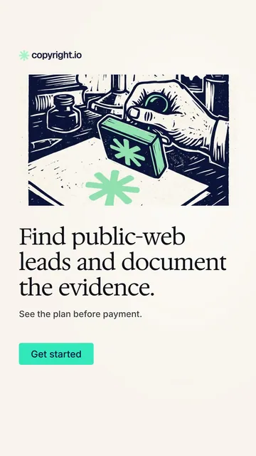 Video for copyright.io: "Find public-web leads and document the evidence.". Doc motion loop, 8.0 s, light palette.