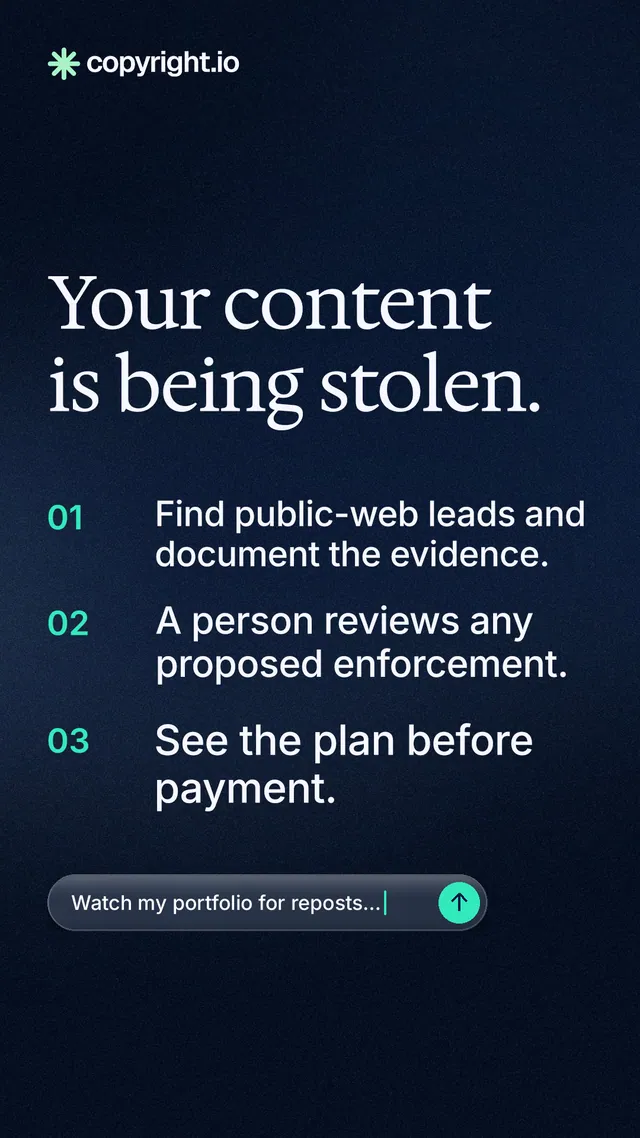 Instagram story for copyright.io: "Your content is being stolen." Agentic glass style, numbered layout, dark palette in blue, black.