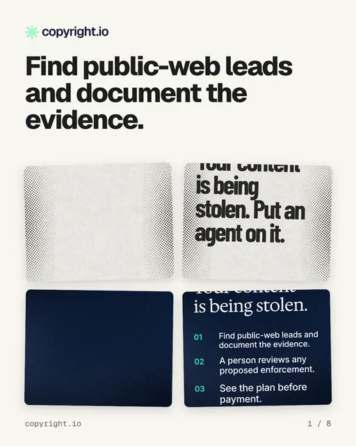 Carousel for copyright.io: "Find public-web leads and document the evidence.". Collection carousel, 8 slides, light palette.
