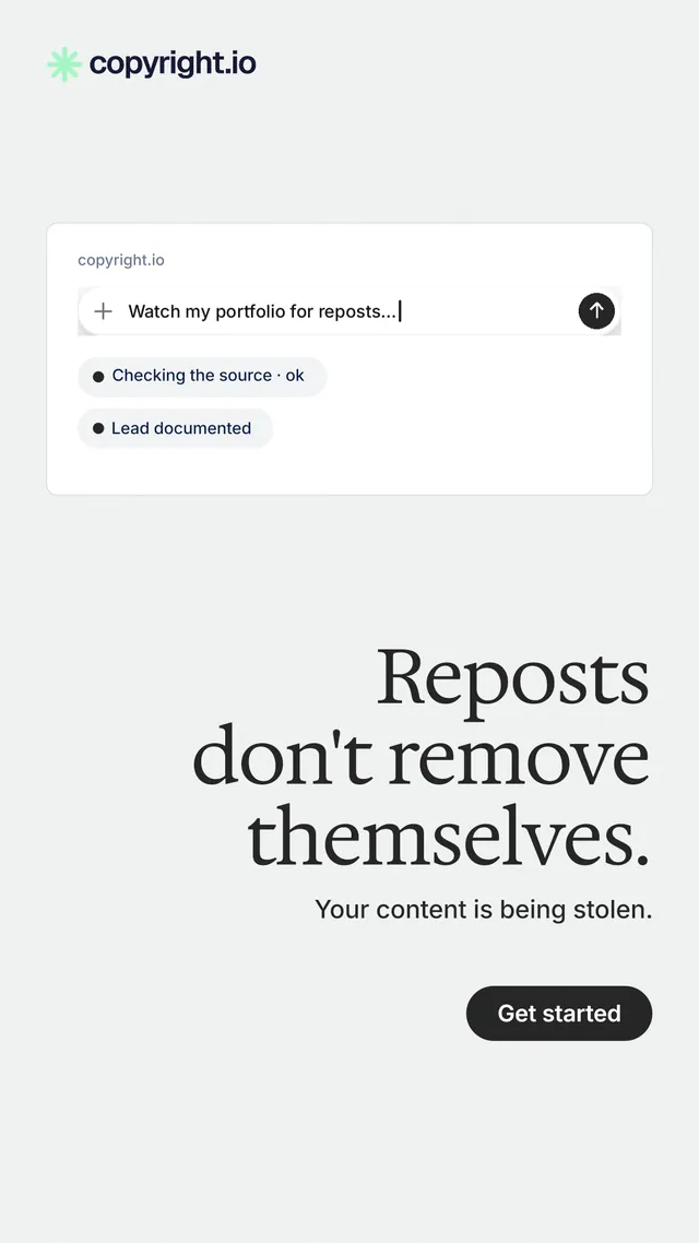 Instagram story for copyright.io: "Reposts don't remove themselves." Data card style, right layout, light palette in white.
