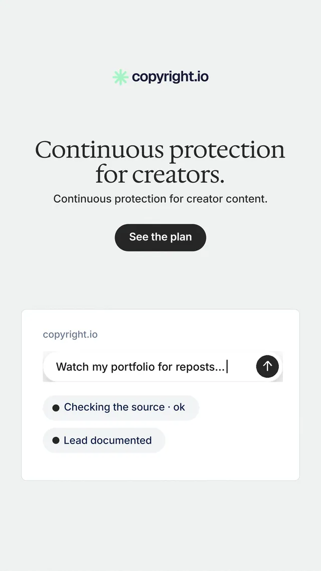Instagram story for copyright.io: "Continuous protection for creators." Data card style, centred layout, light palette in white.