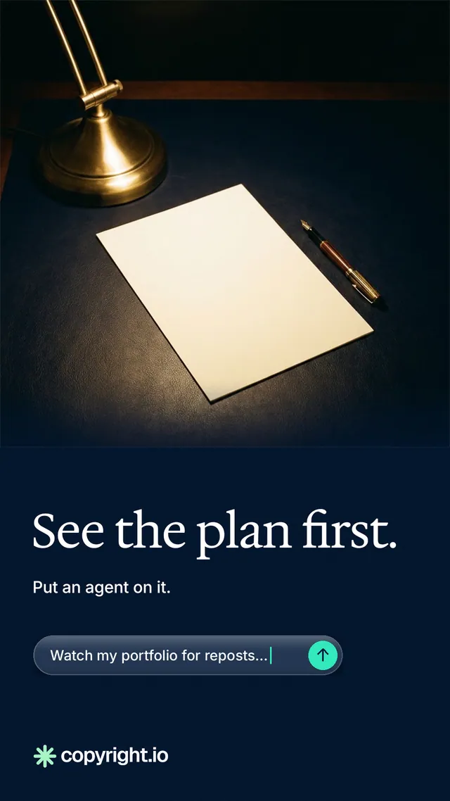 Instagram story for copyright.io: "See the plan first." Agentic glass style, bottom layout, dark palette in black, grey.