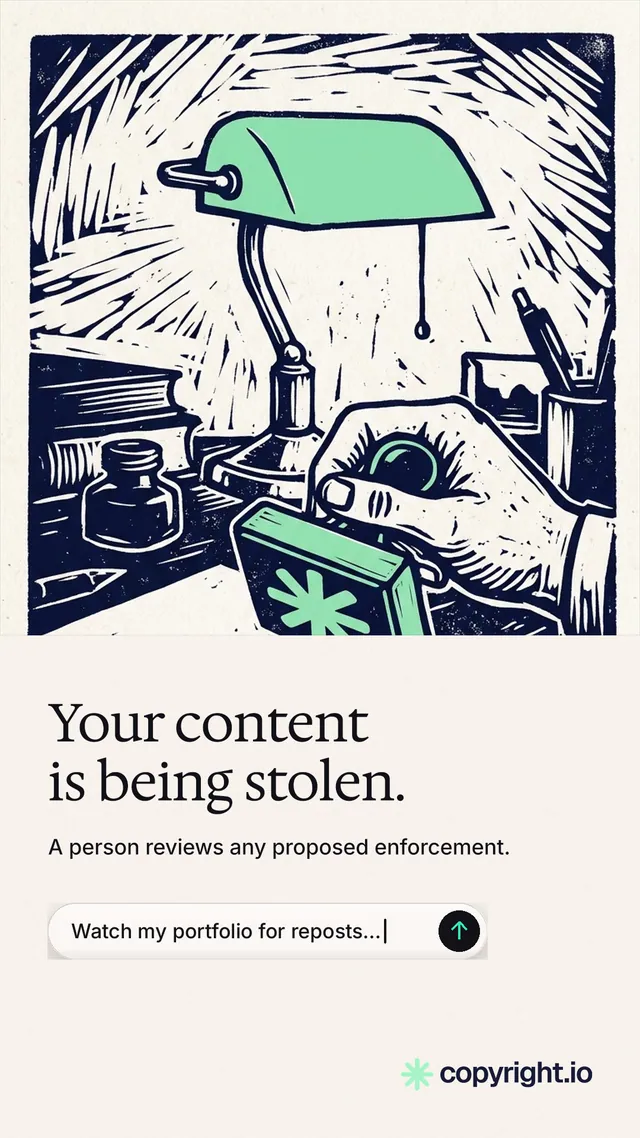 Instagram story for copyright.io: "Your content is being stolen." Agentic glass style, bottom layout, light palette in white, grey.