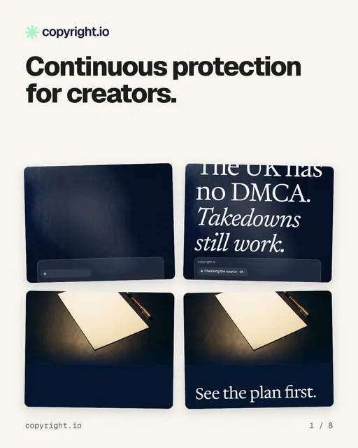 Carousel for copyright.io: "Continuous protection for creators.". Collection carousel, 8 slides, light palette.