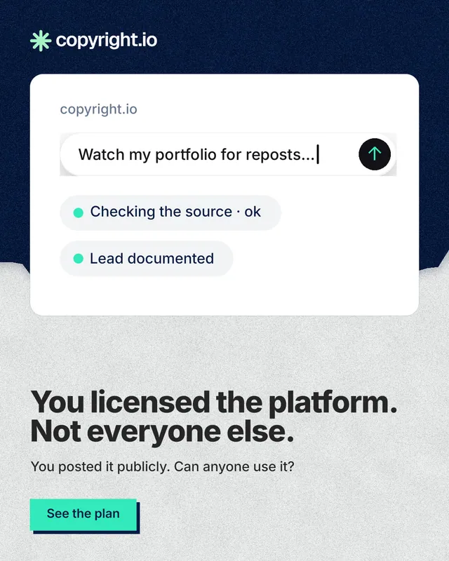 Instagram portrait post for copyright.io: "You licensed the platform. Not everyone else." Paper trio style, bottom layout, light palette in white, blue.