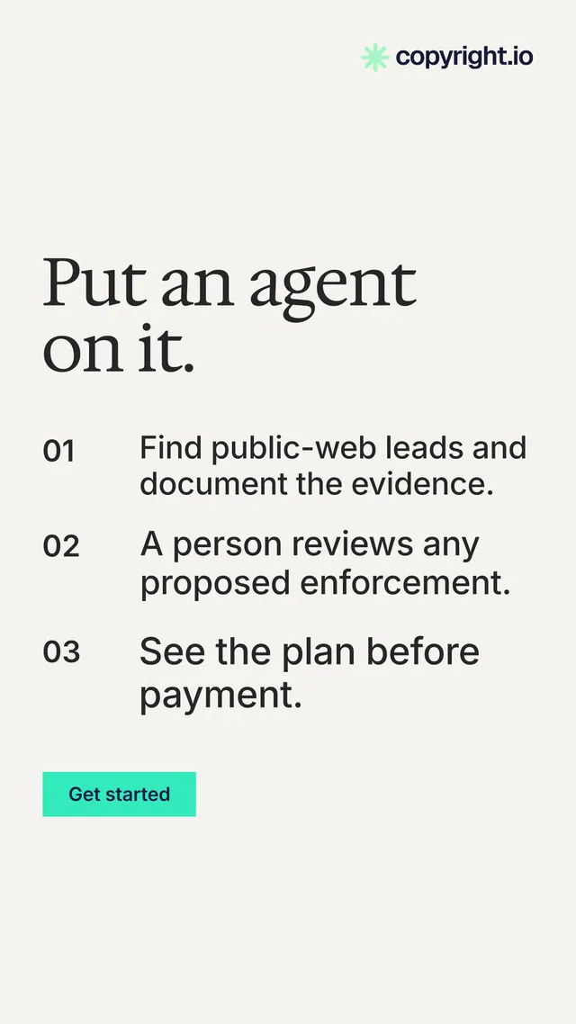 Instagram story for copyright.io: "Put an agent on it." Swiss style, numbered layout, light palette in white, grey, green.