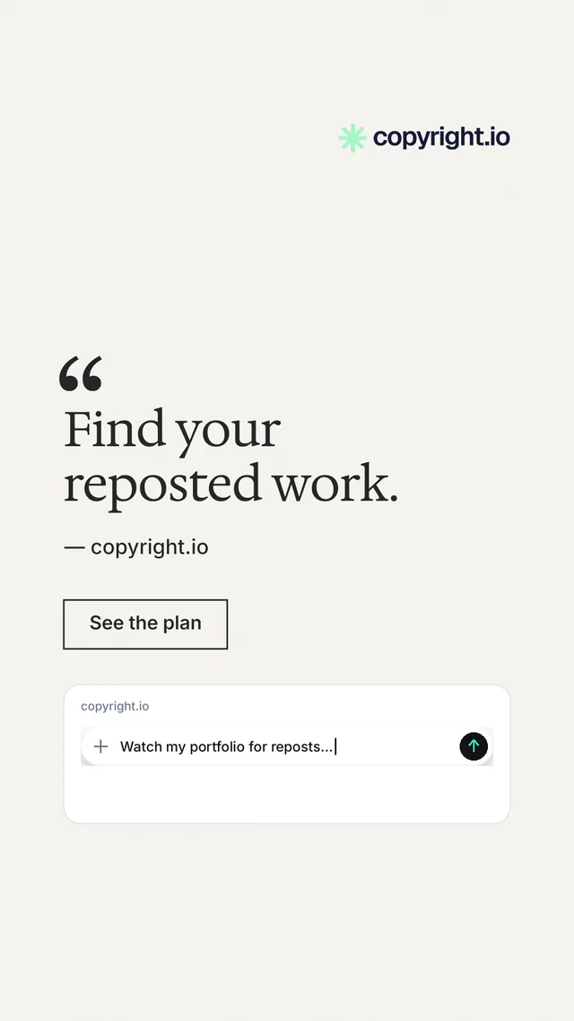Instagram story for copyright.io: "Find your reposted work." Editorial style, quote layout, light palette in white.