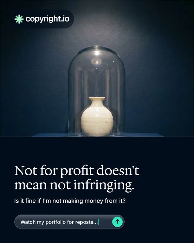 Instagram portrait post for copyright.io: "Not for profit doesn't mean not infringing." Agentic glass style, bottom layout, dark palette in blue, black, grey.