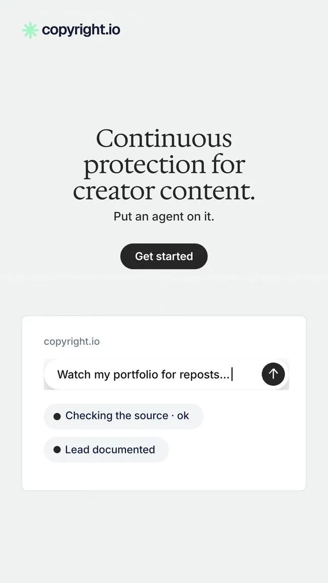 Instagram story for copyright.io: "Continuous protection for creator content." Data card style, centred layout, light palette in white.