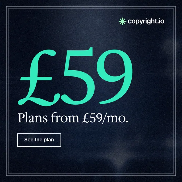 Instagram post for copyright.io: "Your content is being stolen. Put an agent on it." Dark deco style, stat layout, dark palette in black, blue, teal.