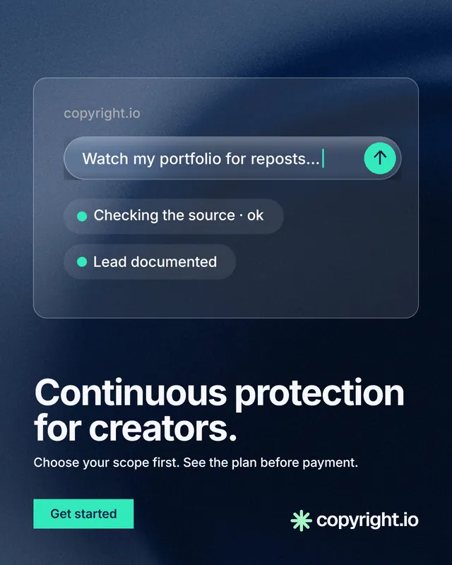 Instagram portrait post for copyright.io: "Continuous protection for creators." Swiss style, bottom layout, dark palette in black, blue.