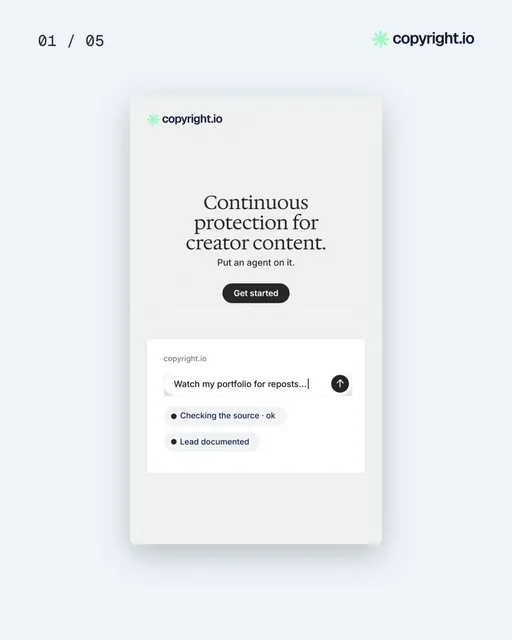 Video for copyright.io. Ad flipbook, 7.5 s, light palette.