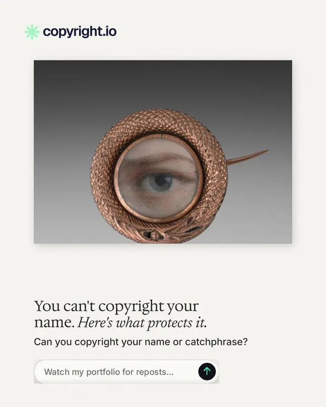 Instagram portrait post for copyright.io: "You can't copyright your name. Here's what protects it." Agentic glass style, bottom layout, light palette in white, grey.