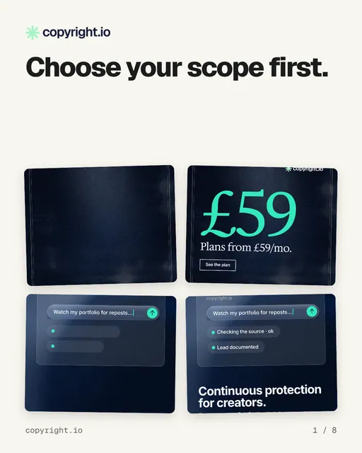 Carousel for copyright.io: "Choose your scope first.". Collection carousel, 8 slides, light palette.