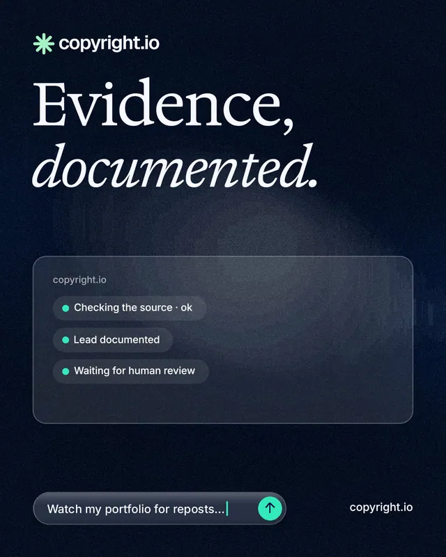 Instagram portrait post for copyright.io: "Evidence, documented." Thermal style, poster layout, dark palette in blue, black, grey.