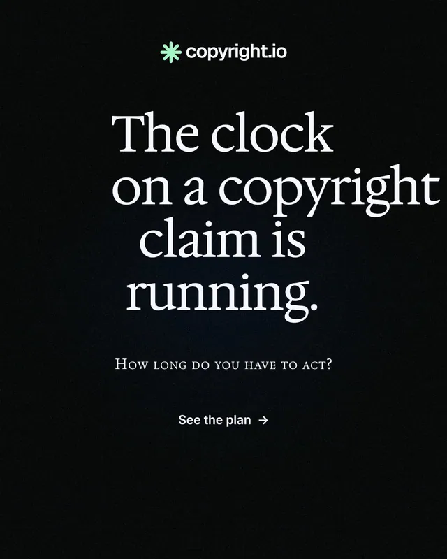 Instagram portrait post for copyright.io: "The clock on a copyright claim is running." Phosphor atlas style, smallcaps layout, dark palette in black.