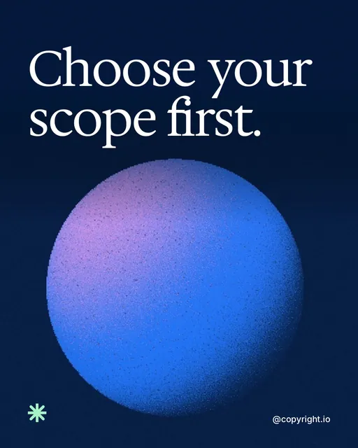 Video for copyright.io: "Choose your scope first.". Shader loop, 6.0 s, dark palette.