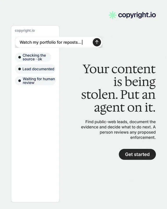 Instagram portrait post for copyright.io: "Your content is being stolen. Put an agent on it." Data card style, right layout, light palette in white, grey.