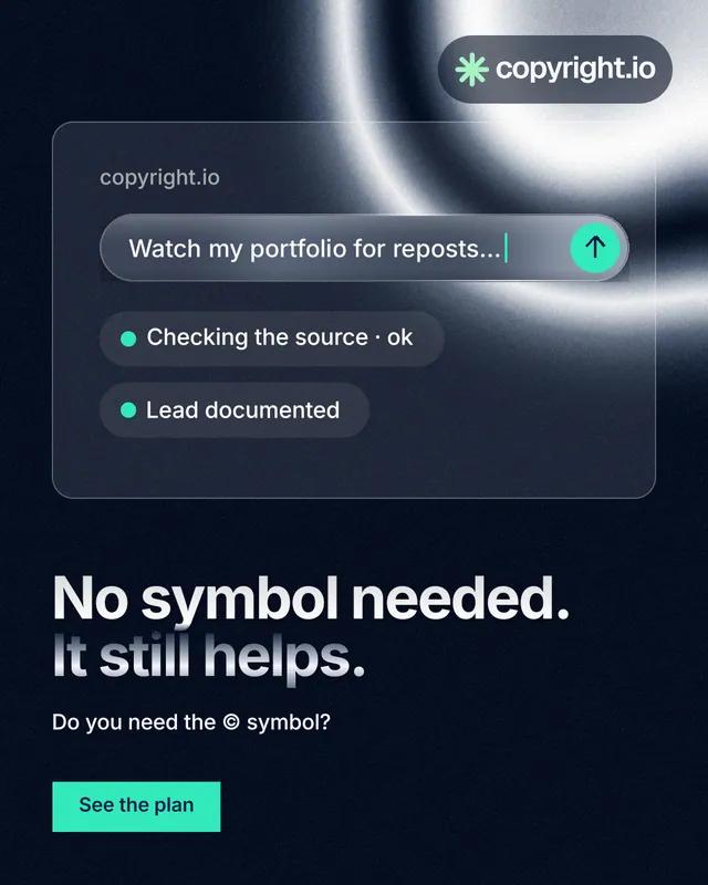 Instagram portrait post for copyright.io: "No symbol needed. It still helps." Swiss style, bottom layout, dark palette in black, blue, grey.