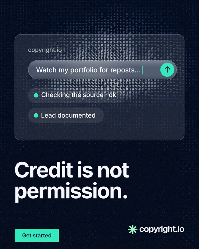 Instagram portrait post for copyright.io: "Credit is not permission." Swiss style, bottom layout, dark palette in blue, black, grey.