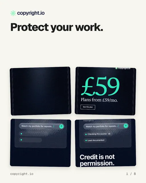 Carousel for copyright.io: "Protect your work.". Collection carousel, 8 slides, light palette.