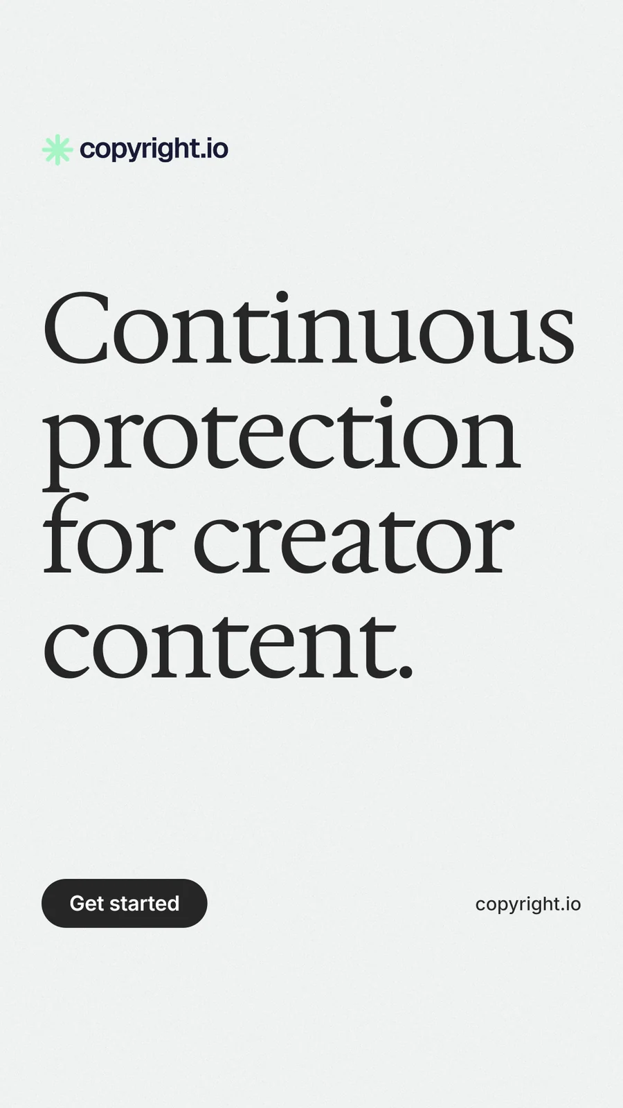 Instagram story for copyright.io: "Continuous protection for creator content." Data card style, poster layout, light palette in white, grey.