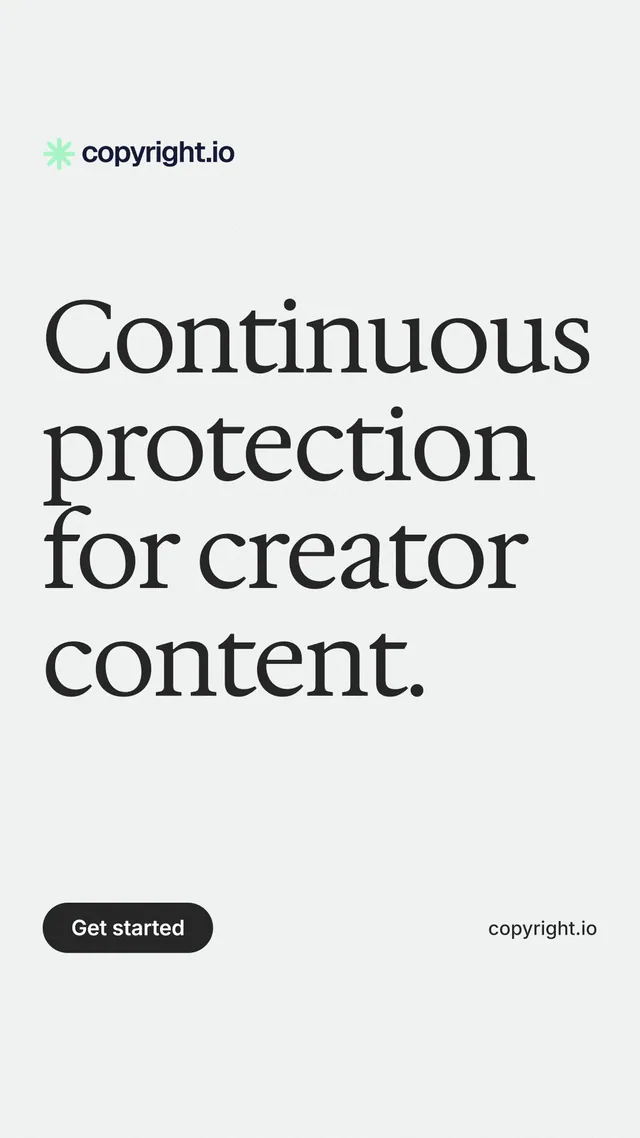Instagram story for copyright.io: "Continuous protection for creator content." Data card style, poster layout, light palette in white, grey.