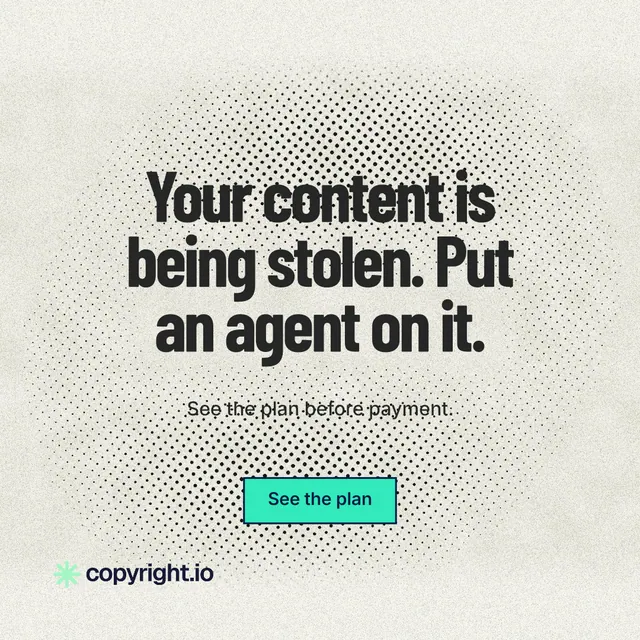 Instagram post for copyright.io: "Your content is being stolen. Put an agent on it." Ink sticker style, centred layout, light palette in white, yellow, grey.