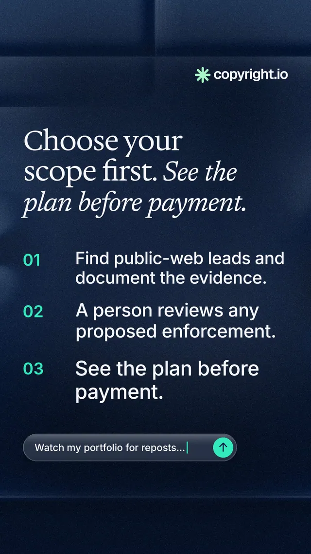 Instagram story for copyright.io: "Choose your scope first. See the plan before payment." Agentic glass style, numbered layout, dark palette in blue, black, grey.