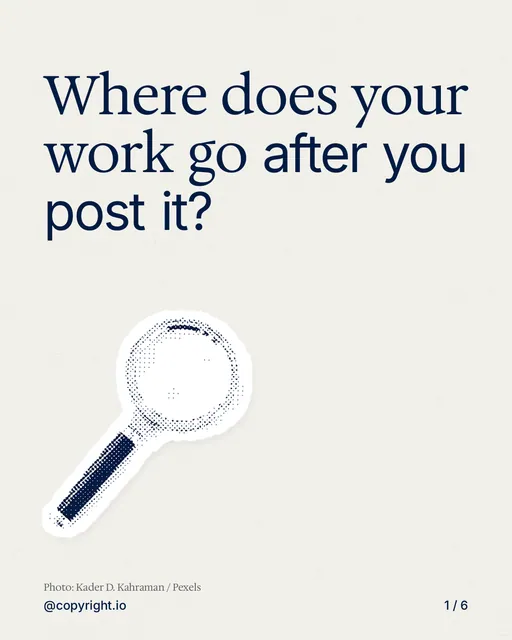 Carousel for copyright.io: "Where does your work go after you post it?". Cutout essay, 6 slides, light palette.