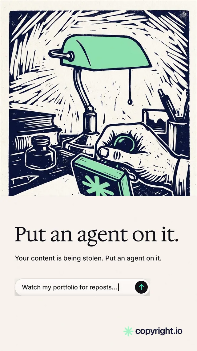 Instagram story for copyright.io: "Put an agent on it." Agentic glass style, bottom layout, light palette in white, grey.