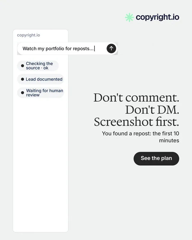 Instagram portrait post for copyright.io: "Don't comment. Don't DM. Screenshot first." Data card style, right layout, light palette in white.