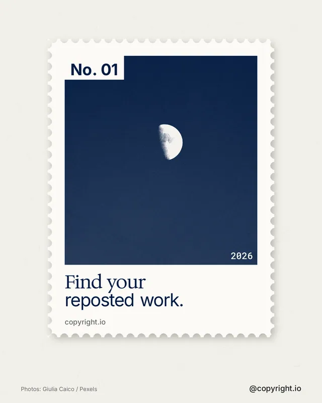 Instagram portrait post for copyright.io: "Find your reposted work." Single style, technique:stamp series layout, light palette in white, blue.