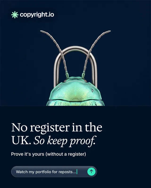 Instagram portrait post for copyright.io: "No register in the UK. So keep proof." Agentic glass style, bottom layout, dark palette in black, grey, blue.