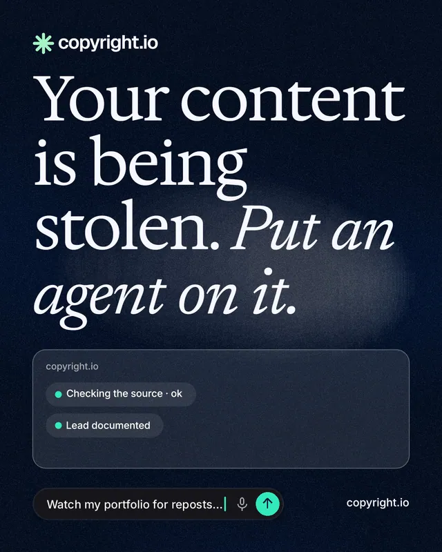 Instagram portrait post for copyright.io: "Your content is being stolen. Put an agent on it." Thermal style, poster layout, dark palette in blue, black, grey.