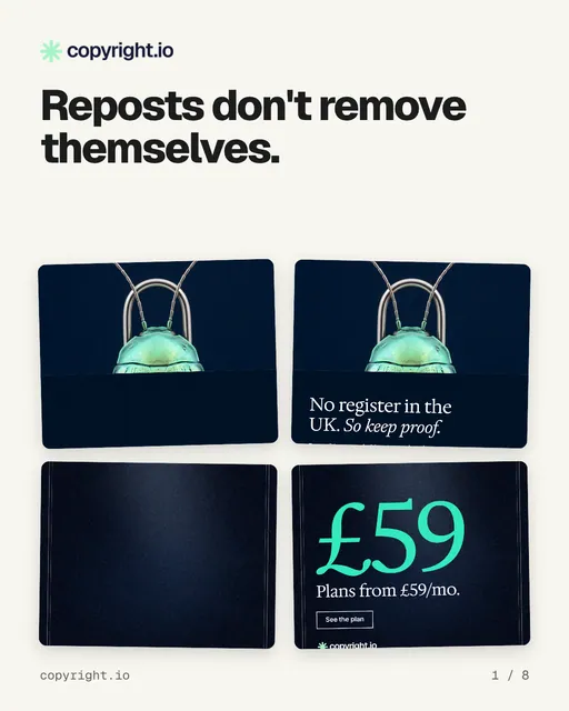 Carousel for copyright.io: "Reposts don't remove themselves.". Collection carousel, 8 slides, light palette.