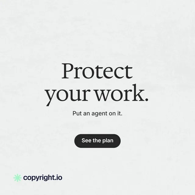 Instagram post for copyright.io: "Protect your work." Data card style, centred layout, light palette in white.