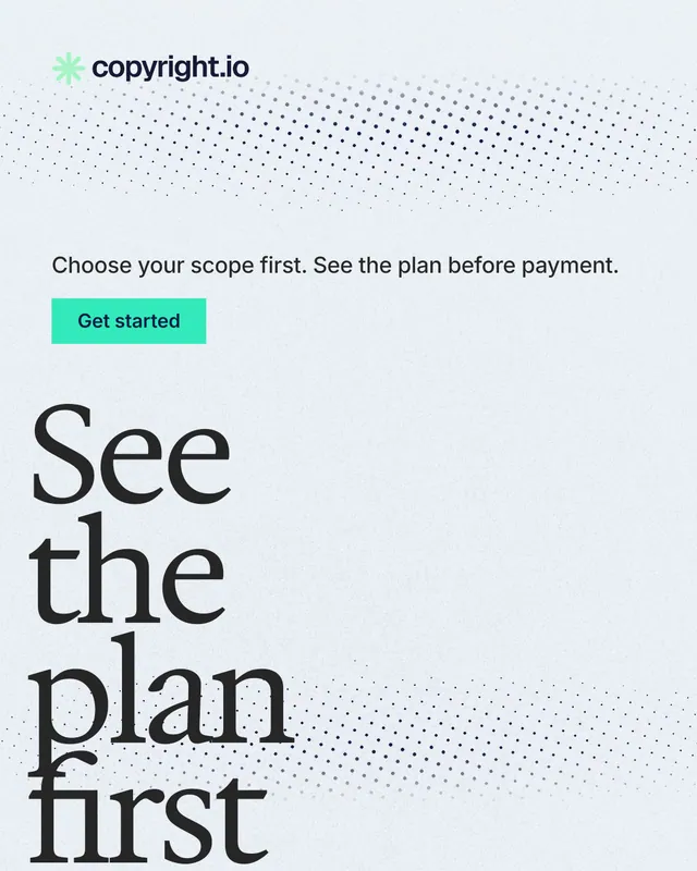 Instagram portrait post for copyright.io: "See the plan first." Swiss style, oversized layout, light palette in white, blue, grey.